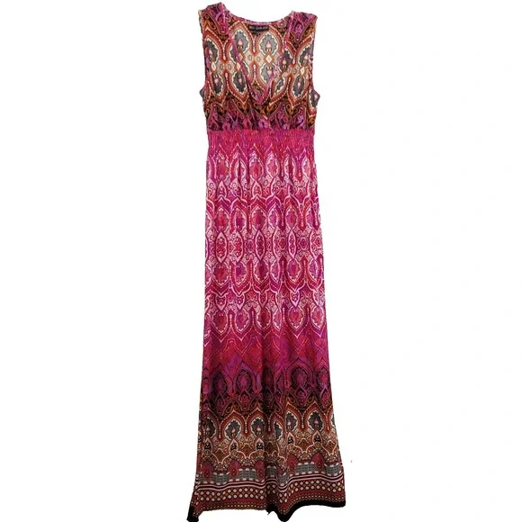 Mlle Gabrielle Women M Smocked Maxi Sun Dress Paisley Boho Summer Beach Resort - Picture 1 of 9